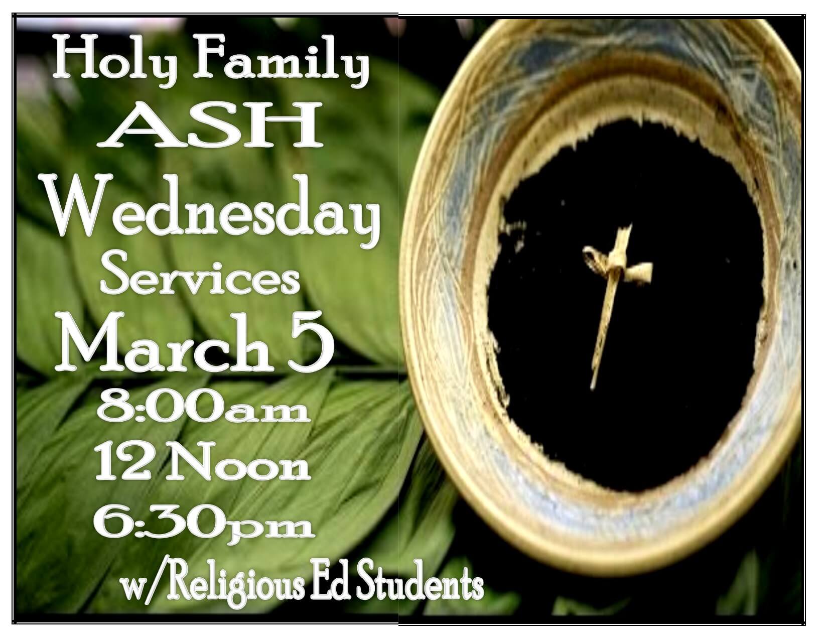 Ash Wednesday Services - 8am, Noon & 6:30pm