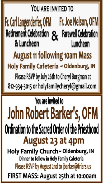 Fr. Carl Langenderfer, OFM Retirement Celebration & Fr. Joe's Farewell Luncheon - ALSO - Ordination of John Robert Barker, OFM to the Sacred Order of the Priesthood